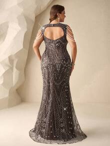 Coutiva Đầm dạ hội cỡ lớn, thanh lịch và sang trọng, cổ vuông đính sequin, hở lưng, thiết kế tua rua ngọc trai, chân váy đuôi cá – Một chiếc đầm trang trọng phù hợp cho khách dự đám cưới, lễ tốt nghiệp và lễ khai trương. - màu nâu - Xem 2