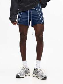 SUMWON Relaxed Fit Drawstring Shorts With Contrast Piping And Logo Print For Casual Summer Wear - Navy Blue - View 3