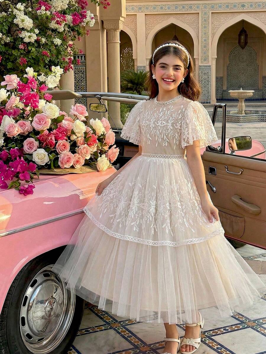 Tween Girl Floral Embroidered Mesh Ruffle Sleeve Dress - Apricot - View 1