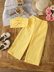 Emery Rose Kids Emery Rose Kids Bộ 2 món đồ cho bé gái: áo không tay và quần legging màu trơn dệt kim, trang trí nơ, kiểu dáng thường ngày. - Màu vàng - Xem 6