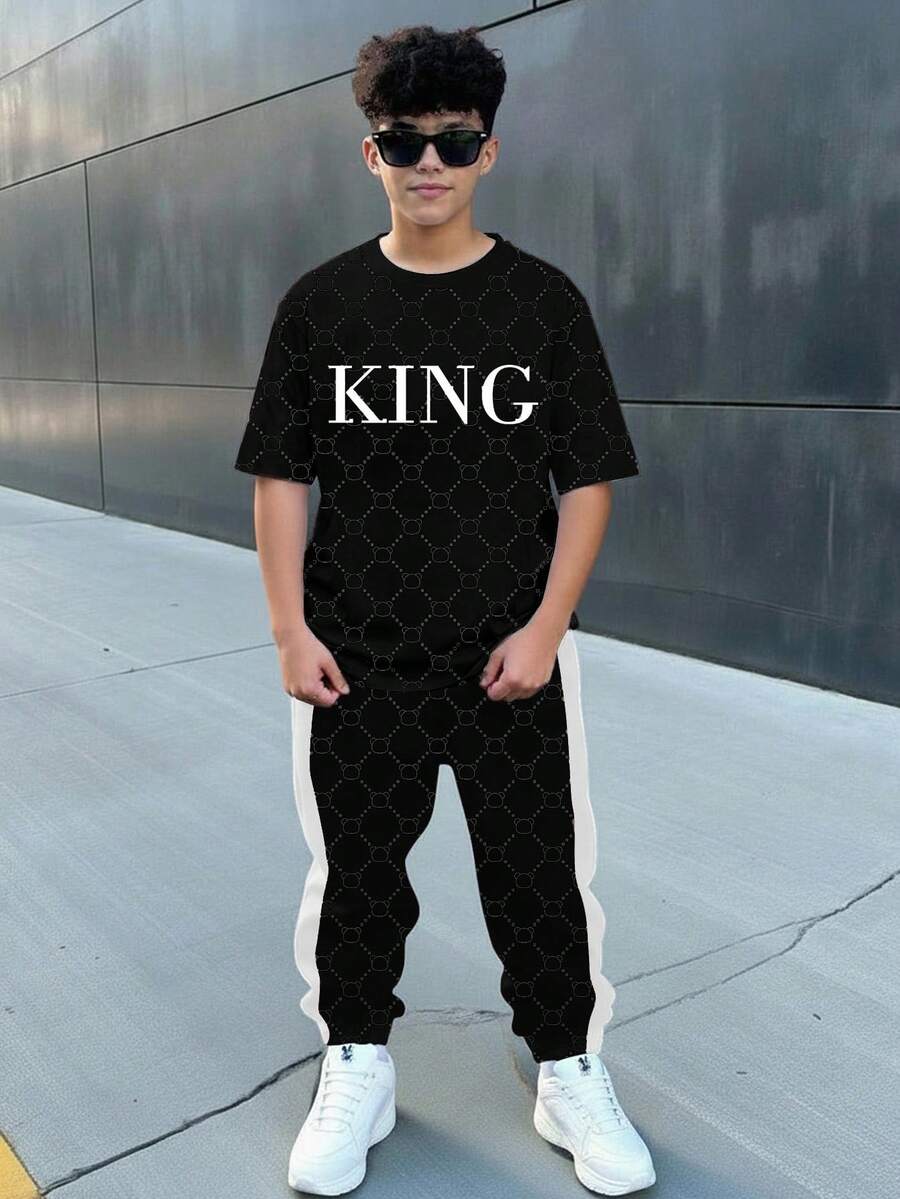 男童新款休闲复古花卉英文字母“King”运动风复古美式撞色舒适宽松圆领短袖T恤和裤子套装 - 白色 - 查看 1
