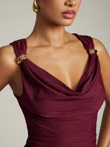 Hauture Women's Basic Casual Office Ruched Shoulder With Gold Decor Cowl Neck Top - Red Violet - View 5