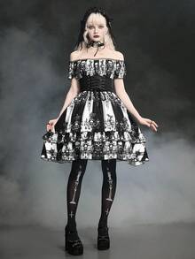 ROMWE Gothic Skull Candle Print Contrast Lace Off-Shoulder Mini Dress - Black and White - View 4