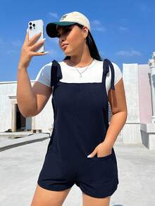 SHEIN EZwear 大码纯色无袖休闲抽绳宽松藏蓝色梭织连体裤（女款） - 藏蓝色 - 查看 7