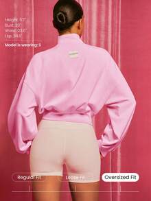 GLOWMODE Modal Soft Warm Curved Bubble Hem Waist Length Oversized Ribbed Cuffs High Neck Pullover Sweatshirt Daily - Pink - View 2