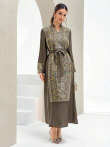 Al Najma 新款優雅珠飾刺繡拼接收腰洋裝，高端正式派對節日穿搭 - 棕色 - 查看 5