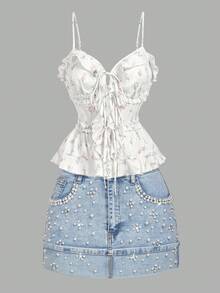 SHEIN MOD White Fabric Camisole Top, Delicate Floral Print, Pastel Pink And Blue Flowers, Adjustable Spaghetti Straps, Ruffled Edges, Front Lace-Up Detail, Peplum Hem, Lightweight Material, Breathable Texture, Soft Feel, Fitted Silhouette, Feminine Style - White - View 6