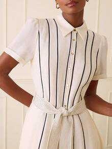 Lilora 女士优雅条纹腰带短袖衬衫裙 - 白色 - 查看 1