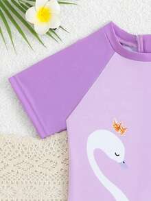 SHEIN 1pc Girls' Swan Quick-Dry Comfortable Knitted One-Piece Swimsuit,Short Sleeve Purple Rash Guard Kids Swimwear For Summer,Beach,Holiday & Vacation - Purple - View 5