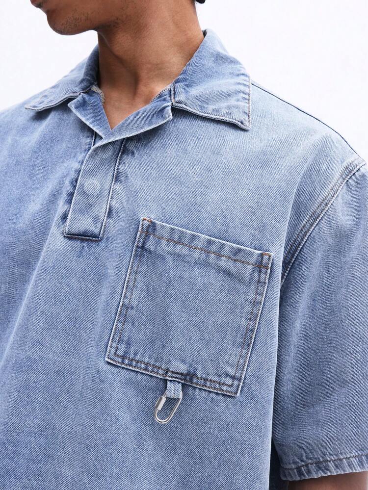 Men Denim Short Sleeve Polo Top With Chest Pocket And Partial Button Placket Light Wash Summer Casual Shirt