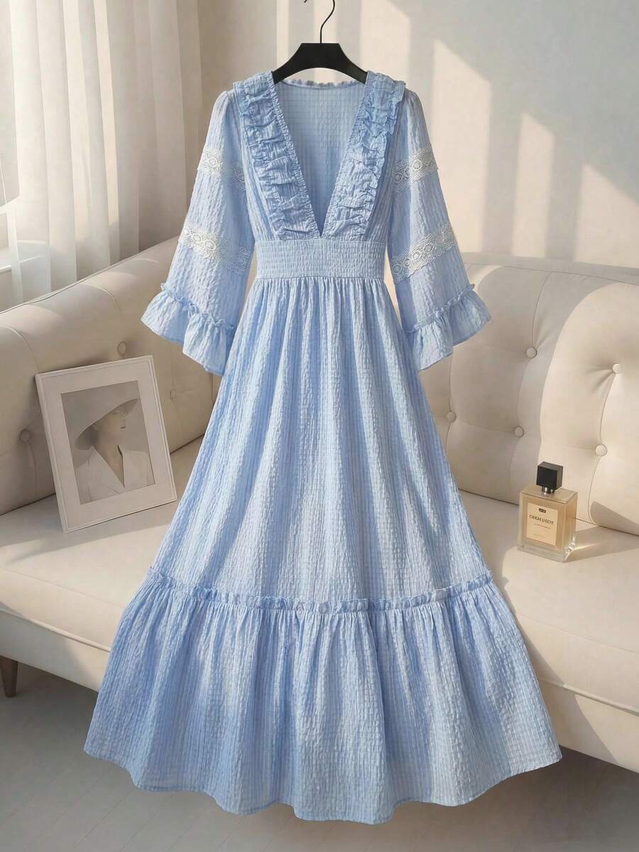 Franclia Robe longue à manches longues avec taille froncée et lien - Bleu azur - Voir 1