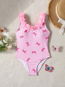 SHEIN Tween Girl Butterfly Striped Print 3D Floral One-Piece Swimsuit, Pink - Baby Pink - View 3