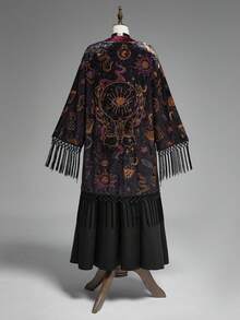 ROMWE Goth Chal con estampado de parches, borlas y bola de cristal de bruja oscura, ojo misterioso, portavelas, libro, terciopelo todo sobre impresión - Multicolor - Ver 6