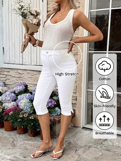 SHEIN Maternity Casual Everyday Commute Simple Versatile Solid Color Cropped Jeans