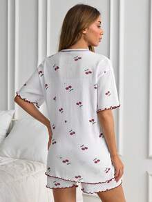 SHEIN Bộ đồ nữ bằng cotton 2 mảnh, dệt kim gân, chi tiết viền bèo tây, màu trắng tương phản, họa tiết tươi tắn, cài cúc phía trước, tay ngắn, đường may tinh tế. - trắng - Xem 2