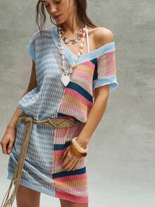 Bohemela Đầm dệt kim trễ vai phối màu thời trang dành cho nữ, thích hợp cho kỳ nghỉ, hẹn hò, dự tiệc. - Nhiều màu - Xem 1