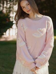 WESTFADE 圆领毛绒天鹅贴花宽松长袖混色针织套头毛衣，适合春季、度假、夏季、海滩、音乐节、乡村音乐节、科切拉音乐节、休闲、可爱、波西米亚风、纳什维尔、牛仔、牛仔竞技、乡村音乐会等场合，女士西部风格服饰。 - 粉色 - 查看 4