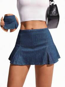 Flexra Solid Color Elastic Casual Versatile Denim Mini Skirt, Spring/Summer - Medium Wash - View 5