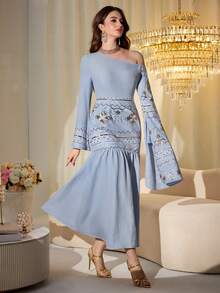 Modelyn Áo choàng Abaya truyền thống kiểu Trung Đông Ả Rập, vai lệch, đính cườm và thêu ghép mảnh màu xanh nhạt, kiểu dáng bất đối xứng. - Màu xanh lam - Xem 6