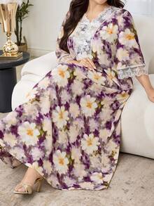 SHEIN Najma 浪漫优雅V领蕾丝边中长款喇叭袖连衣裙，春夏款 - 彩色 - 查看 1