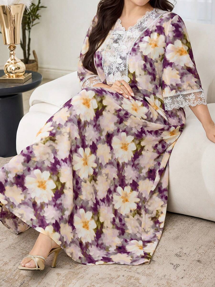 SHEIN Najma 浪漫优雅V领蕾丝边中长款喇叭袖连衣裙，春夏款 - 彩色 - 查看 1