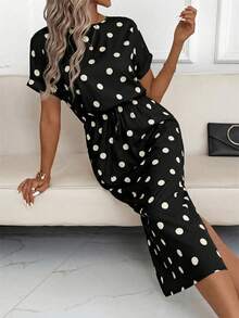 Editum Robe à manches chauve-souris à pois pour femmes, nouvelle collection automne, noir et blanc, polyvalente pour les trajets quotidiens et diverses occasions - Noir et Blanc - Voir 7