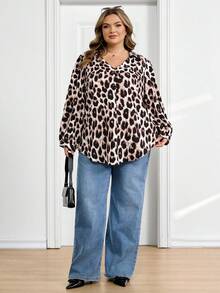 SHEIN CURVE+ 大码女装秋冬休闲宽松舒适V领黑色长袖衬衫，秋季女装，女式衬衫，大码上衣，复古风，黑色上衣，商务休闲女装，办公室女装，W码，教师衬衫，女士秋冬服装，冬季，大码 - 棕色 - 查看 8