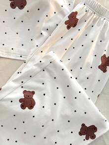 SHEIN Teen Girls' Summer Bear Graphic Camisole & Leggings Pajama Set - Apricot - View 4