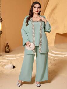 Reflora Completo da donna taglie forti, 2 pezzi, elegante outfit con decorazioni in strass viola, adatto per feste, autunno/inverno - Verde - Visualizzare 9