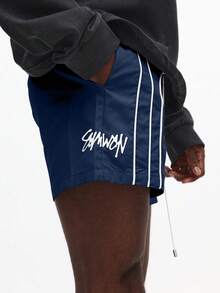 SUMWON Relaxed Fit Drawstring Shorts With Contrast Piping And Logo Print For Casual Summer Wear - Navy Blue - View 6