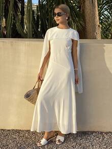 DAZY Women's Solid Color Fitted Shawl Collar Elegant Dress, Suitable For Banquet, Spring/Summer Sundress - White - View 5