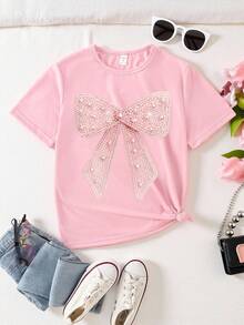 春夏秋季少女休闲时尚创意个性清新别致仿珍珠蝴蝶结装饰印花舒适基础款粉色短款T恤，温暖舒适的夏秋款式，适合春夏秋季穿着。 - 粉色 - 查看 5
