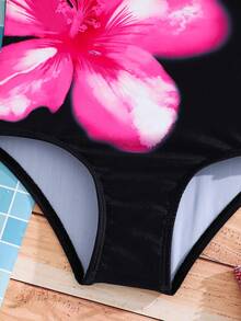 SHEIN Young Girls Floral Print Swimsuit - Black - View 5