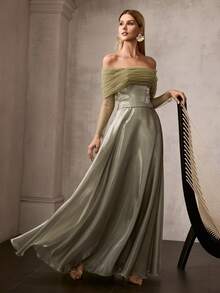 MOTF PREMIUM Đầm maxi dự tiệc thanh lịch dành cho nữ, hở vai với đường viền cổ xếp nếp và dây buộc điều chỉnh phía sau, chân váy chữ A rộng rãi dài đến sàn, chất liệu bóng mượt, ôm sát cơ thể, thích hợp cho các sự kiện buổi tối và lễ kỷ niệm trang trọng, trang phục mùa xuân hè. - Màu xanh Ô liu - Xem 7