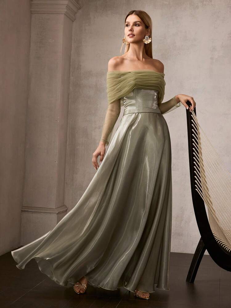 ELEGANT MAXI PARTY DRESS FOR WOMEN , OFF-SHOULDER WITH NECKLINE RUFFLE & ADJUSTABLE BACK TIE BINDING, OVERSIZED A-LINE FLOOR-LENGTH SKIRT, SHIMMERING GLOSSY FABRIC, BODYCON FIT FOR EVENING EVENTS & FORMAL CELEBRATIONS,SPRING OUTFITS SUMMER DRESSES