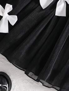 SHEIN Baby Girl Elegant Cute Black And White Summer Party Dress Cute Sweet Casual Spring Outfit With 3D Bow Ruffle Sleeves - Black and White - View 4