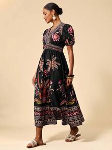 Travachic Women's Casual Palm Tree Print Puff Sleeve Mini Dress, Vacation Style - Black - View 6