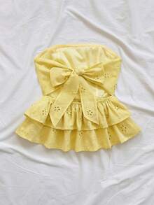 Soleia Woman Vacation Ladies Casual Goose Yellow Jacquard Tie Backless Peplum Tube Summer Cute Lunch Casual Back To School Yellow Top - Light Yellow - View 2