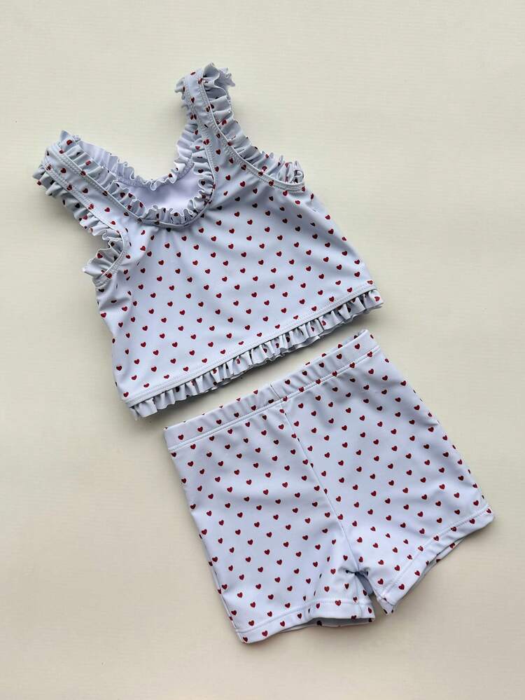 Young Girl Cute Fashion Blue Heart Print Frill Trim Swimwear Set Vacation