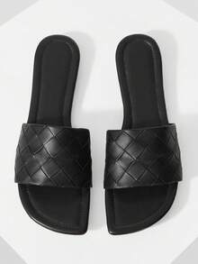 Mnmlis Women's Flat Sandals, Spring/Summer Fashion New Woven PU Material Minimalist Casual Style Classic Strap Flat Slide Sandals - Black - View 1