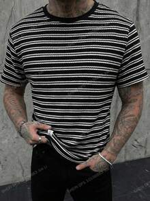 HIMLAND Men's Casual Commuter Streetwear Minimalist Striped T-Shirt - Black and White - View 4