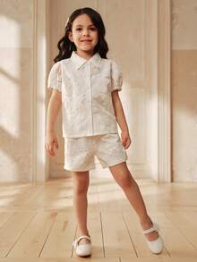 SHEIN Elladie kids Young Girl Solid Color Button Front Short Sleeve Shirt And Shorts Set, Young Girls Linen Retro Outfit, Summer Little Girl Outfit Sets For Recognition - White - View 4