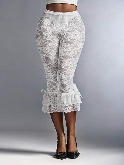 Amplova Y2K Women's Drawstring Waist Lace Ruffle Hem Versatile Casual 7/8 Pants Lace Bow Tie Semi-Sheer Lace Trim Multi-Layered Lace Sexy Tight-Fitting Pants Summer For Women Spring Women Beach Vacations Women Casual For Women Party White Pants Set Capri Pants Y2k Party Valentine's Day