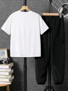Mirajuku 2pcs/Set Boys' Comfortable Casual Loose Fit T-Shirt And Straight Leg Pants Outfit, Suitable For Daily, Sports And Outdoor Wear - Black and White - View 2