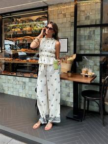 Serisse Women's Mandarin Collar Sleeveless Ruffle Hem Allover Print 2 Pieces Set, Summer - White - View 5