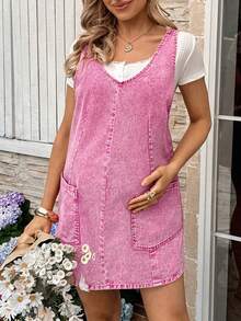 SHEIN Maternity V-Neck Sleeveless Denim Dress With Pockets, Casual - Pink - View 9