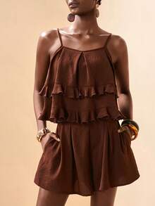 Zivah 2026 Vacation Casual Unique Ruffle Hem Elegant Top + Pants Set - Khaki - View 1