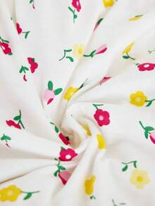 SHEIN 纯棉女士两件套彩色花卉图案纽扣蕾丝装饰睡衣套装，包括T恤和短裤，休闲可爱。 - 白色 - 查看 7