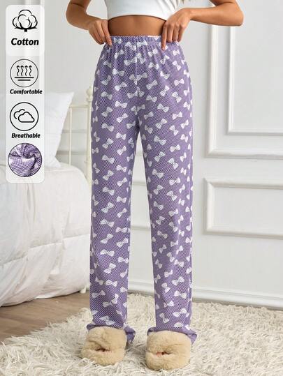 SHEIN Calça de dormir feminina Cottonline Plus com estampa de laço e bolinhas, casual e fofa, confortável e descontraída.