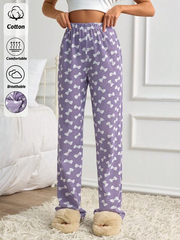 SHEIN Cottonline Women Bow And Dot Patterned Pajama Pants,Purple Casual Cute Relaxed Comfort Sleep Lounge Bottoms,Soft Breathable Homewear Sleep Pants